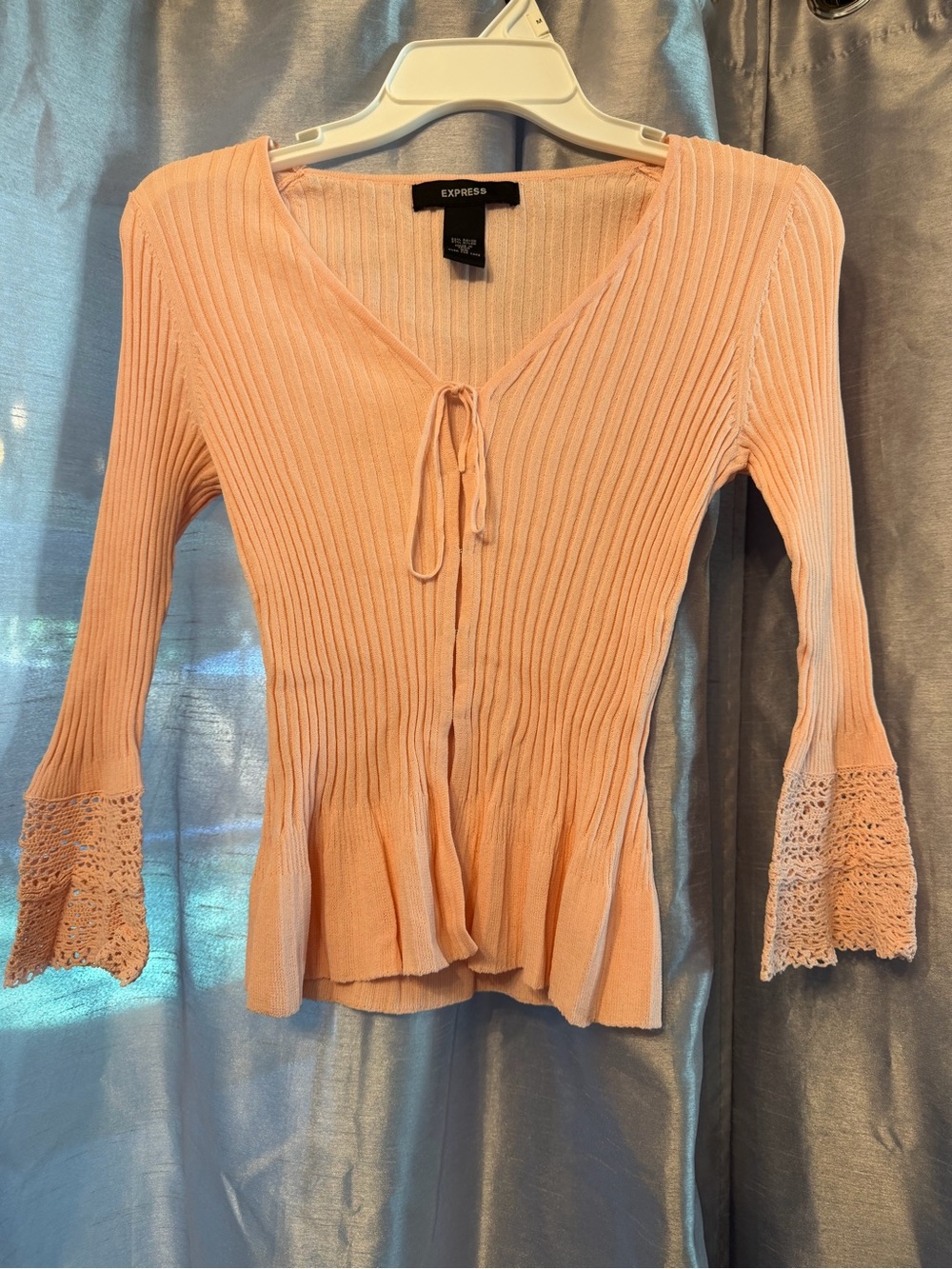 Express Peach Ribbed Tie-Front Peplum Button-Down Top